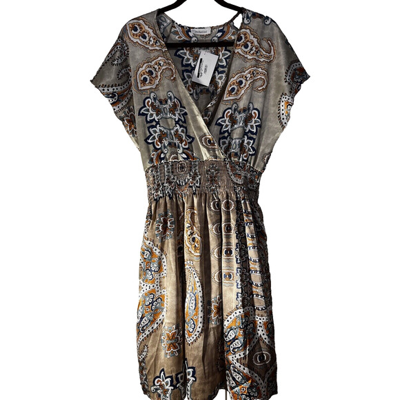 Bucketlist Spring Summer V Neck Paisley Dress--Women's Large--Ruched Waist - Picture 1 of 12